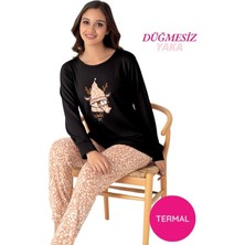 Seamlife Kadın Siyah Bisiklet Yaka Düğmesiz Bilekler Lastikli/Jogger Yumuşak Termal Kışlık Pijama Takımı