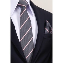 Esgue 8 cm Gri Pembe Çizgili Hand Made Klasik Geniş Mendilli Kravat