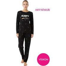 Bie's Kadın Siyah Desenli Bisiklet Yaka Düğmesiz Mevsimlik Likra Viskon Uzun Kol Pijama Takımı