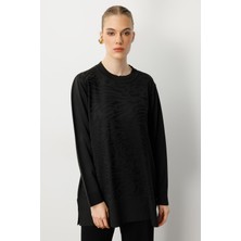 Accort Kendinden Desenli Triko Tunik-Siyah