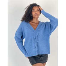 Miss Poem Kadın Saç Örgü Detaylı V Yaka Mavi Triko