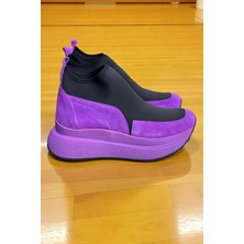 Tufan Shoes Mor  Hakiki Deri Süet Strech Yüzlü Bilekte Sneaker