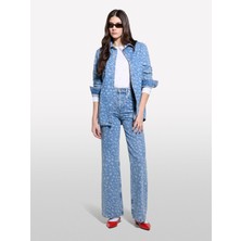 Sisley %100 Pamuk Baskılı Normal Bel Geniş Paça Denim Pantolon Kadın Buz Mavisi Denim Pantolon - 325P43Y3LE04F