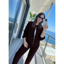 Ahes Shopping Kadın Uzun Kollu Önden Fermuarlı Modal Ceket ve Pantolon Ikili Takım