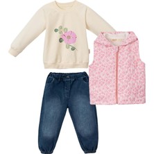 Çiçekli Kapitone Kapüşonlu Yelek Denım Pantolon Üçlü Alt Üst Takım - NEC243272-PEMBE-1 - 2  Yaş Pembe