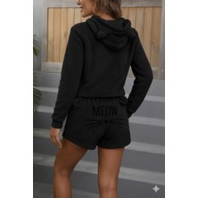 Mç Plus Kadın Uzun Kollu Kapşonlu Peluş Bluz ve Kısa Short Ikili Takım