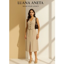 Luana Aneta-Yelek ve Etek Takımı 2 Parça Günlük Bej Renk
