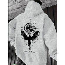 Amor Man Büyük Beden Özel Tasarım Valhalla Pusulası Sırt Baskılı Süper Oversize Kapüşonlu Erkek Sweatshırt