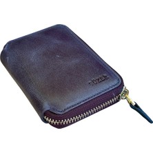 S.S. Süzer Deri Fermuar Kilitli Mini Boy Unisex Hakiki Deri Spor Cüzdan Carzy Lacivert