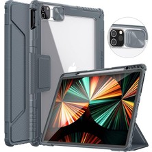 iPad Pro 12,9 Inç Kılıf 2022/2021/2020 (6/5/4. Nesil) Sürgülü Kamera Kapağı ve Kalem Tutuculu, Pu Deri Koruyucu Stand Kapağı Otomatik Uyanma/uyuma ile - Gri