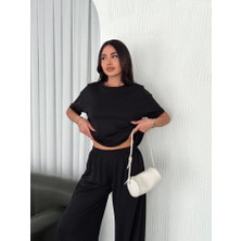 Moderie Butik Osy Modal Yumuşak Dokulu Kumaş Bisiklet Yaka T-Shirt Bol Paça Pantalon Ikili Takım -Siyah
