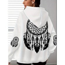Amor Face Büyük Beden Özel Tasarım Kapüşonlu Şiva Tüyleri Sırt Baskılı Oversize %100 Pamuk Modern Kadın Sweatshırt