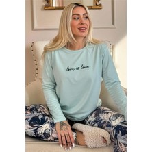 Mint Love Is Love Desenli Uzun Kollu Bambu Örme Kadın Pijama Takımı