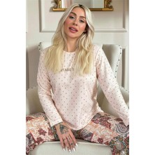 Pijama Evi Bej Vintage Desenli Uzun Kollu Bambu Örme Kadın Pijama Takımı