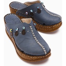 Limoya Annika Lacivert Antik Detaylı Hakiki Deri Dolgu Sabo Terlik