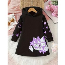 Kids Face Özel Tasarım Kapüşonlu Kediciğin Kalpleri Baskılı Şardonlu Kışlık Modern Kız Çocuk Hoodie Elbise