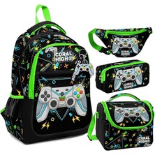 High Siyah Fosforlu Yeşil Gamer Desenli Erkek Çocuk Okul Beslenme Kalemlik ve Bel Çantası Seti - Ilkokul Için Uygun