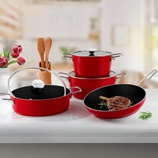 Rozella 7 Parça Titanyum Tencere Seti - Kırmızı