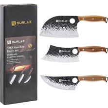 Bıçak Seti – 3’lü Et ve Mutfak Bıçağı: Sırp Şef Bıçak, Satır Bıçağı, Viking Bıçak – Ergonomik Ahşap Saplı, El Dövmesi Desenli, Paslanmaz Çelik