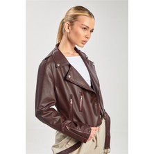 Barrels and Oil Kadın Kruvaze Yaka Suni Deri Mont - Bordo