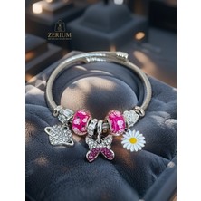 Zerium Modern  Çelik  Şık Kadın Charm Bileklik Kelebek Kalp ve Papatya