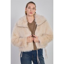 Barrels and Oil Kadın Deri Detaylı Peluş Mont - Taş Rengi