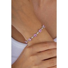 Gümüş Pazarım Pembe Taşlı Sıralı Su Yolu Gümüş Bileklik