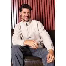 Erkek Yarım Fermuarlı Nakışlı Kanguru Cepli Sweatshirt Bej - 25K 6066-1 