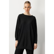 Accort Çizgi Desen Pamuklu Triko Tunik-SİYAH