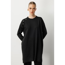 Accort Omzu Düğme Detaylı Triko Tunik-Siyah