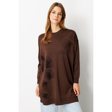 Accort Simli Çiçek Detaylı Triko Tunik-KAHVE