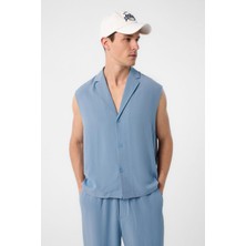 Antioch Mavi Keten Karışımlı Kolsuz Erkek Gömlek