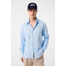 Antioch Mavi Relax Fit Keten Karışımlı Erkek Gömlek