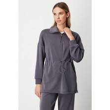 On Kadın Yakası Fermuarlı Sweat 66312 Antrasit