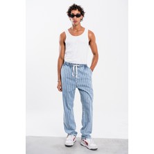 Denim Republic Erkek Buz Mavisi Çizgili Bol Pantolon Gabardin