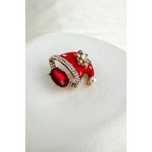 Modex Yılbaşı Özel Taş Işlemeli Kırmızı Noel Şapka Broş(3cm)