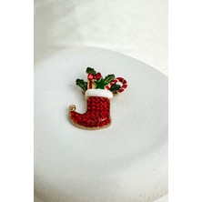 Modex Yılbaşı Özel Yeşil Yıldız Detay Kırmızı Taşlı Noel Çorap Broş (4cm)