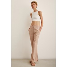 Trendquel Beli Lastikli Biyeli Yüksek Bel Pantolon Pudra