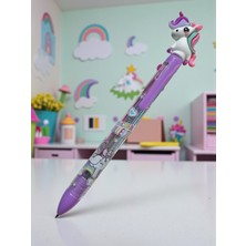 Polin Sevimli Unicorn Tasarımlı 4 Renkli Tükenmez Kalem, Mor ve Pembe Tonları, Otomatik Mekanizma