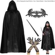 Butik Bfs 120 cm Kapüşonlu Siyah Pelerin + Asa + Dantel Maske + Uzun Dantel Siyah Eldiven Kostüm Seti
