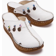 Limoya Hakiki Deri Annika Beyaz Antik Detaylı Dolgu Sabo Terlik