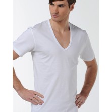 Çift Kaplan Erkek Derin V Yaka Beyaz T-Shirt 0936
