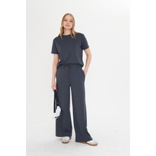 Thiff Antrasit Kadın Modal Kumaş Kısa Kollu Eşofman Takımı