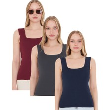 Kadın Kolsuz Kalın Askılı Ince Yazlık Kare Yaka Triko Atlet 3'lü Set