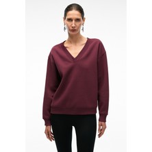 Grimelange ARINEL Kadın V Yaka Regular Fit Bordo Sweatshirt