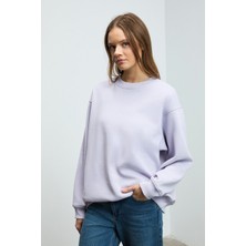 Grimelange KARIUS Kadın Organik Pamuklu İçi Polarlı Oversize Yuvarlak Yakalı Lila Sweatshirt
