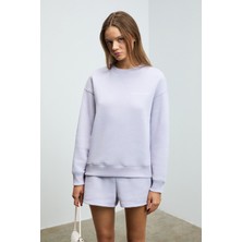 Grimelange Jennıfer Kadın Organik Pamuklu Nakışlı Yuvarlak Yakalı Oversize Lila Sweatshirt