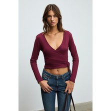 Grimelange OLIVIERNS Kadın Önden Bağlamalı Vücudu Saran Nefes Alan Kumaşlı Bordo Bluz