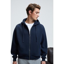 Grimelange ASHBY Erkek Kapüşonlu Fermuarlı Cepli Kordonlu Regular Fit Lacivert Sweatshirt