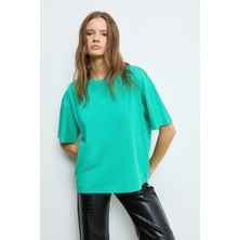 Grimelange LAGERTHA Kadın %100 organik Pamuklu Kalın Dokulu Oversize Fit Yuvarlak Yakalı Yeşil T-Shirt